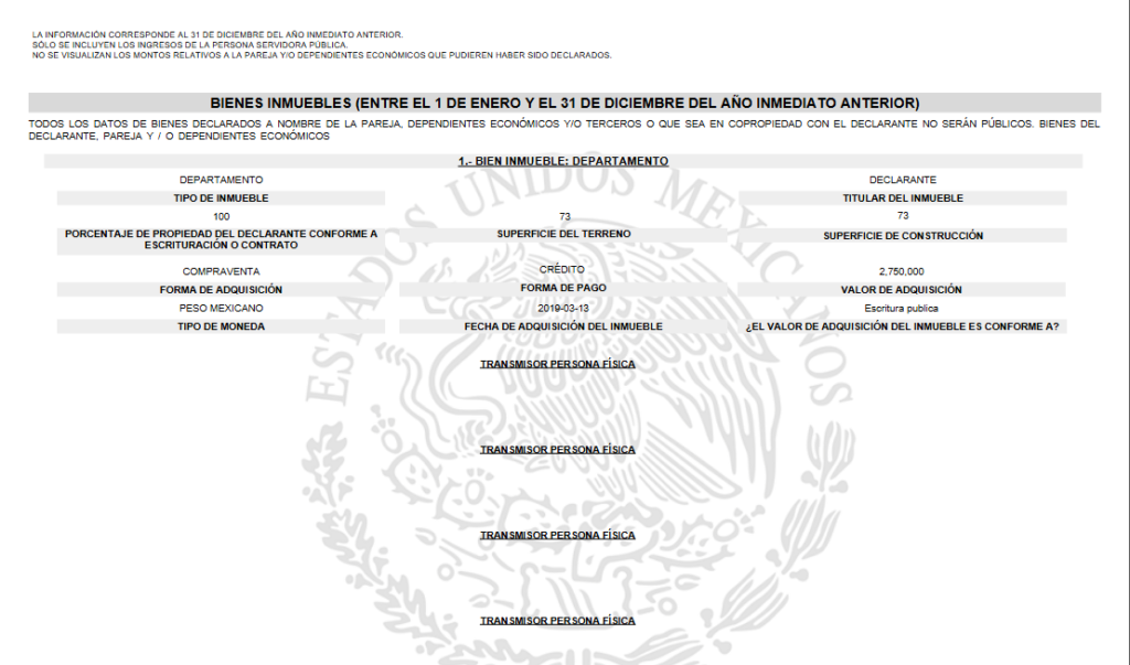 Eurípides Flores declaró la compra de un departamento por 2 millones 750 mil pesos, mediante crédito, el 13 de marzo de 2019. Fuente: declaración patrimonial.